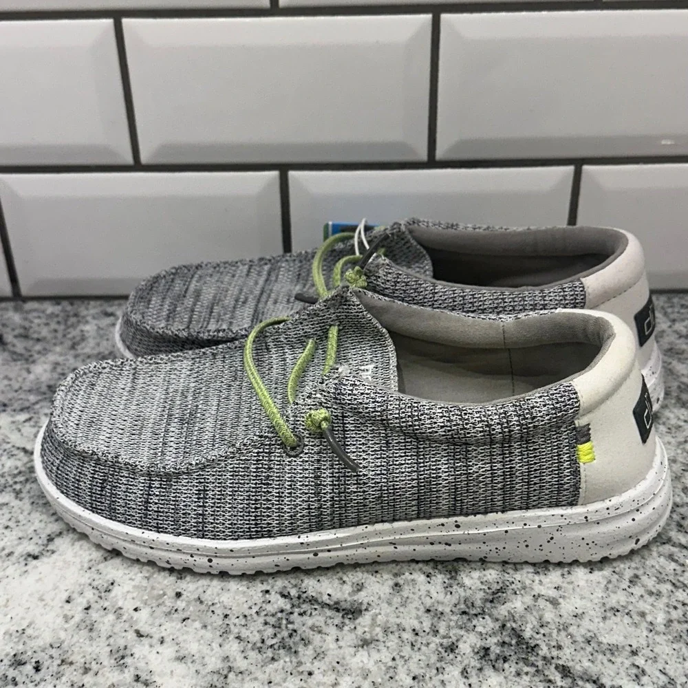 New Hey Dude Kids Y6 Wally Youth Sox Stone White Grey Lime Moccasin Loafer Shoe